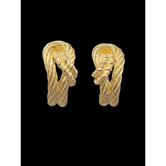 VINTAGE Christian Dior Cordage Knots Clip On Earrings Textured Gold Plated - Picture 5 of 12